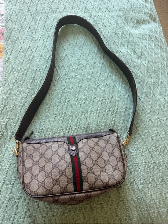 Gucci Handbags - Gucci Brown GG Canvas Shoulder Bag with Green-Red Stripe